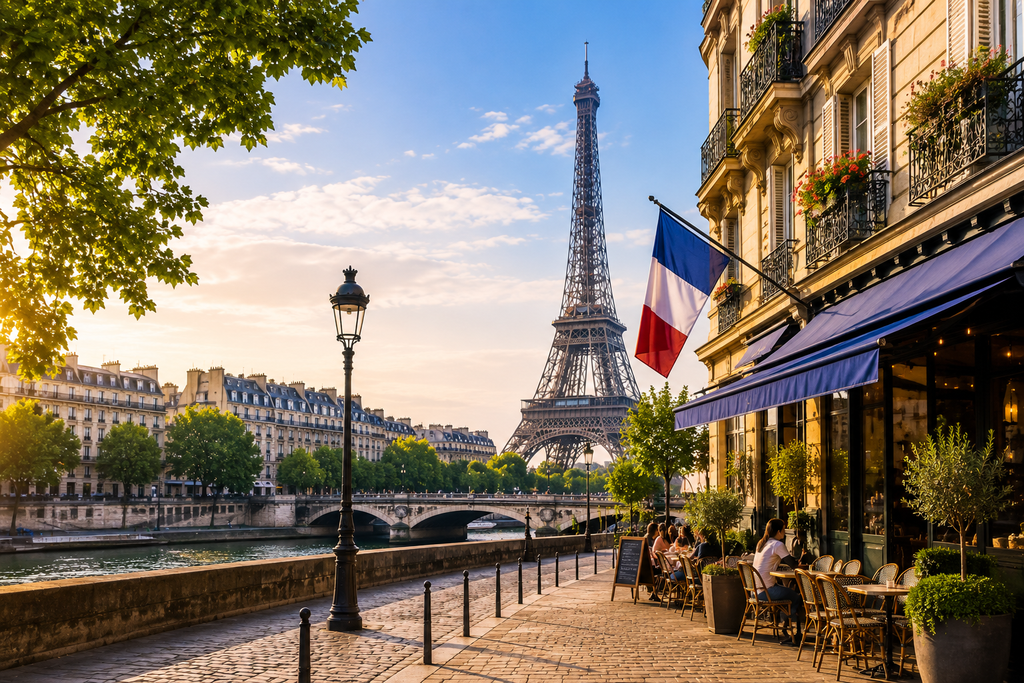 Vista de Paris com a Torre Eiffel, o rio Sena e café francês